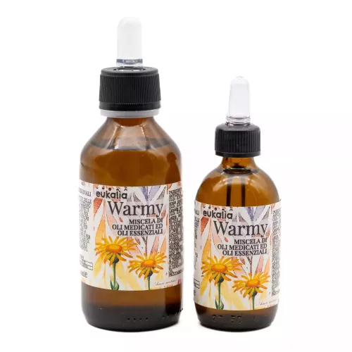 Olio medicato Warmy, arnica, canapa, wintergreen, traumi, contratture, dolori muscolari. Eukalia.